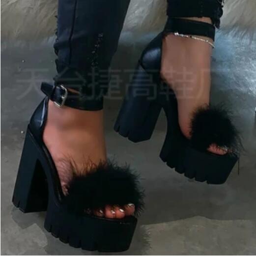 Fashion Woman Furry Sandals High Heels with Fur Female Platform Pumps Women Ankle Strap Women's Wedge Shoes 2025 Summer