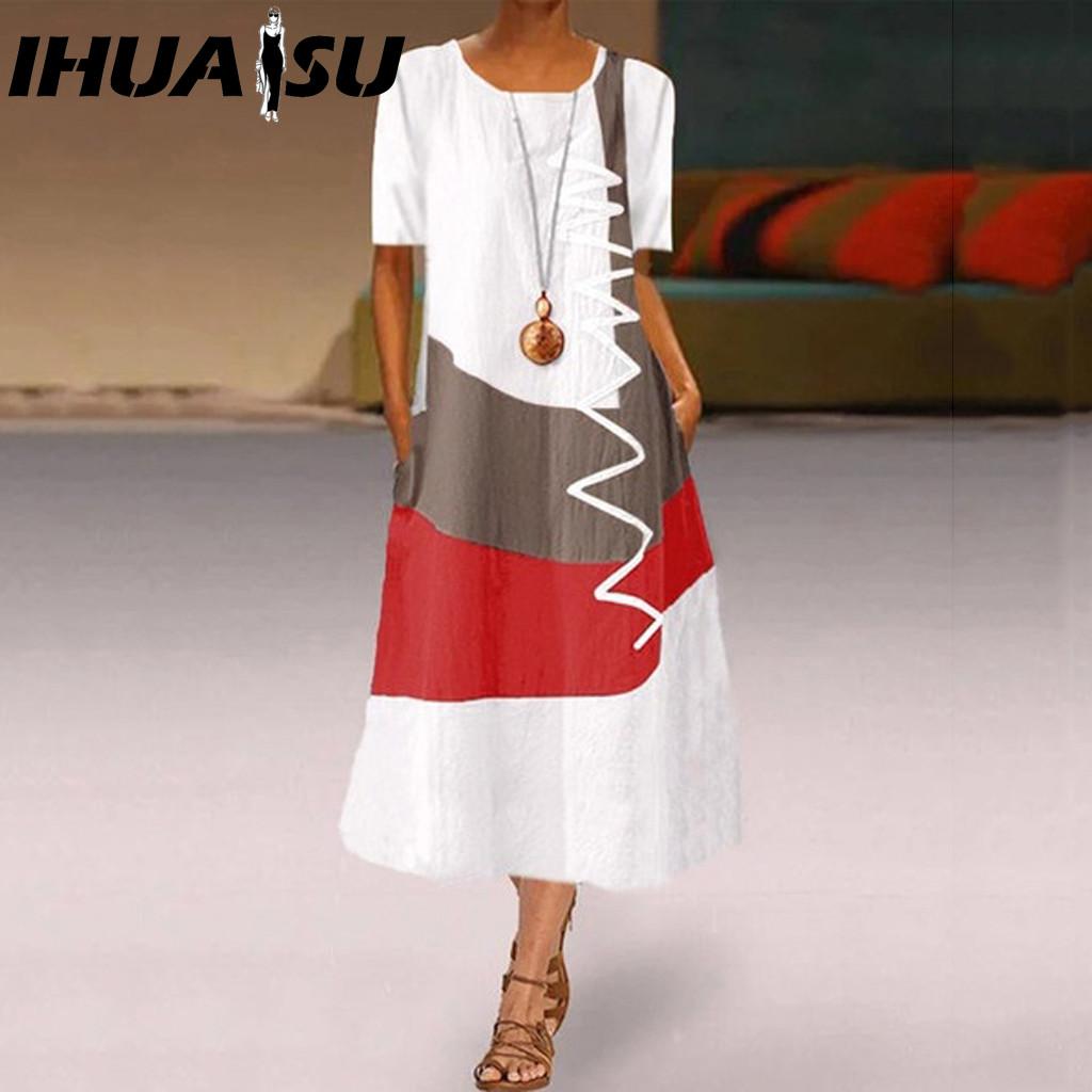 IHUASU Women's Fashion Summer Spring Short Sleeve O-Neck Casual Dresses
