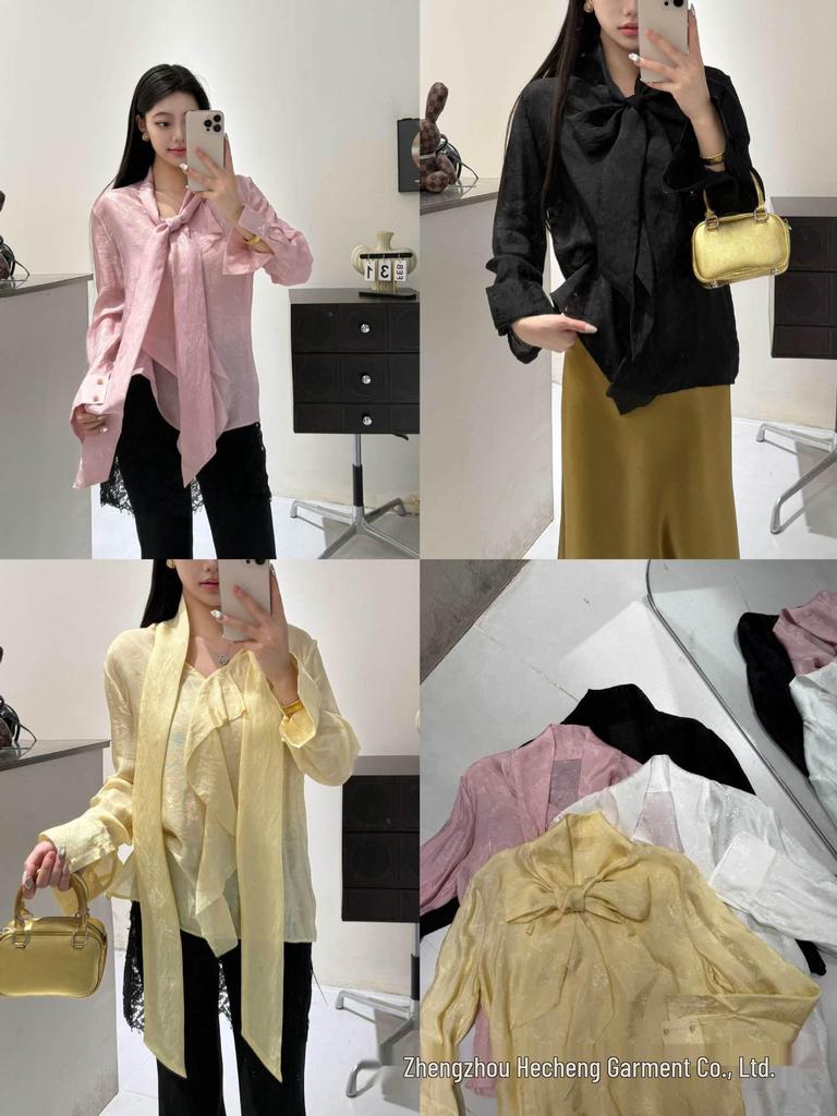 Spring Silk Shirt with Neck Tie & Mouth Covering, Wear Alone 