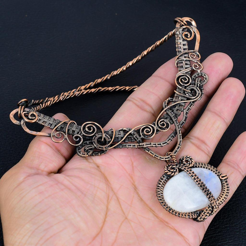 Rainbow Moonstone Necklace Gemstone Jewelry, 999 Copper Wire Wrapped Necklace, Adjustable Handmade Beautiful Jewelry Chain Necklace