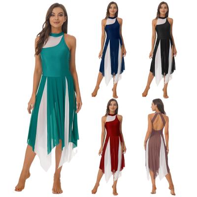 Womens Color Block Patchwork Halter Dress Split Sheer Mesh Irregular Hem Dance Dresses Performance Costume