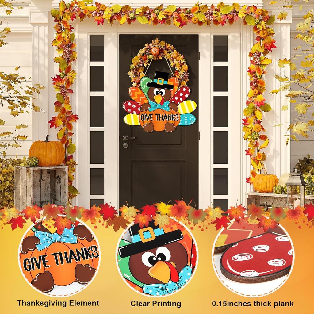Thanksgiving Decoration Wooden Turkey Pumpkin Door Wreath for Front Door Sign Wall Signs, Thankful Blessed Grateful Pumpkin Sign Hanging for Fall
