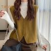 Jesień Zima Damska Kamizelka Dekolt w Serek Zapinana Na Guziki Jednolity Kolor Luźna Dzianina Gruba Utrzymuje Ciepło Bez Rękawów Luźny Sweter Top