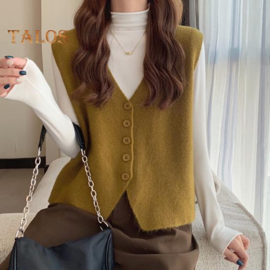 Jesień Zima Damska Kamizelka Dekolt w Serek Zapinana Na Guziki Jednolity Kolor Luźna Dzianina Gruba Utrzymuje Ciepło Bez Rękawów Luźny Sweter Top