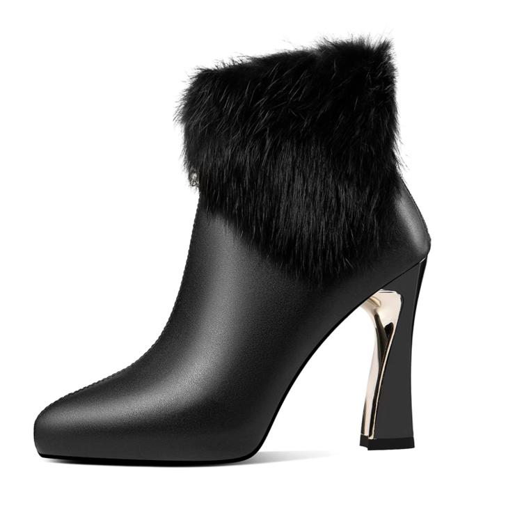 High Heeled Booties Women's Autumn Winter New Fleece Side Zip Stipple Heel Fashion Pointed Toe Fuzzy Shoes