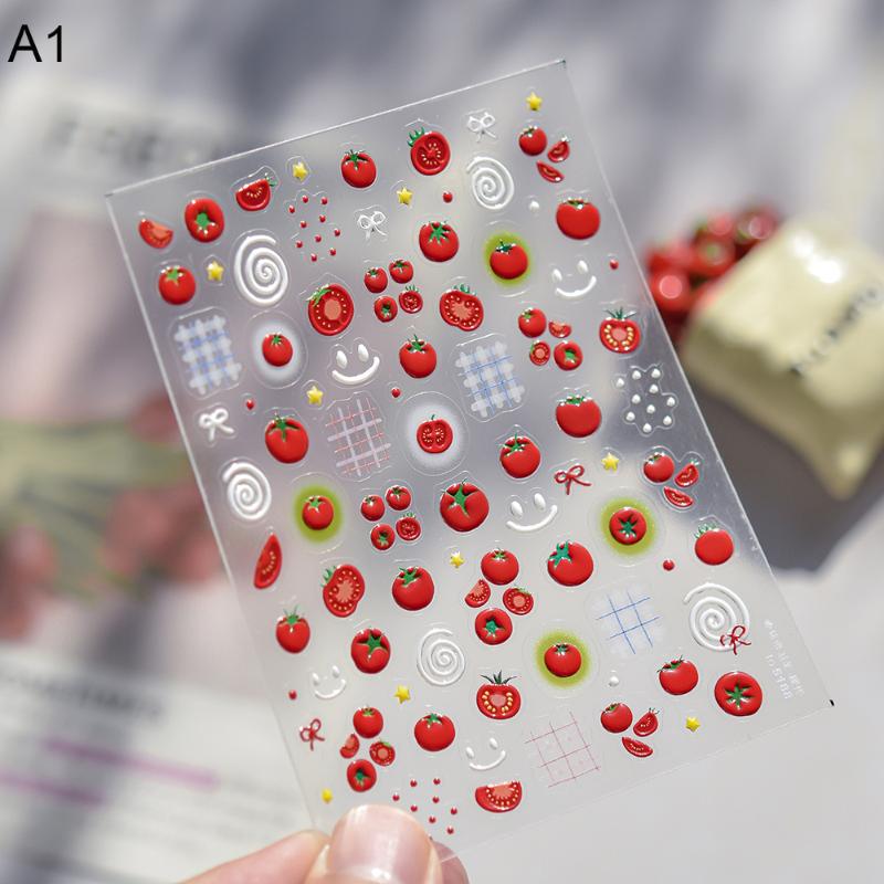 Kawaii Red Jelly Tomato Nail Art Sticker Bowknot Star Cute Summer Fruit 5D Fruit Self Adhesive Nail Art Decals For Summer Diy