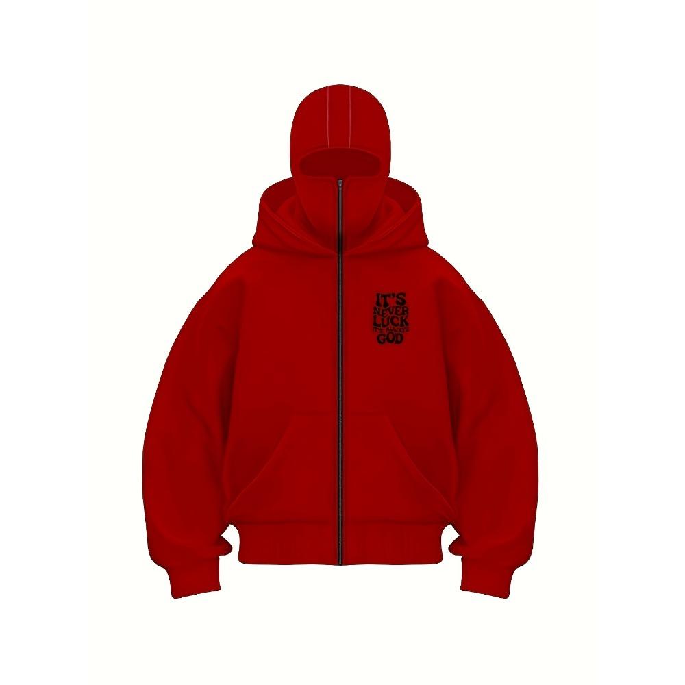 Men's Red Hooded Zipper Jacket "It's Never Luck It's Always God" Printed Jacket with Polyester Ribbed Cuffs and Hemps for Autumn and Winter