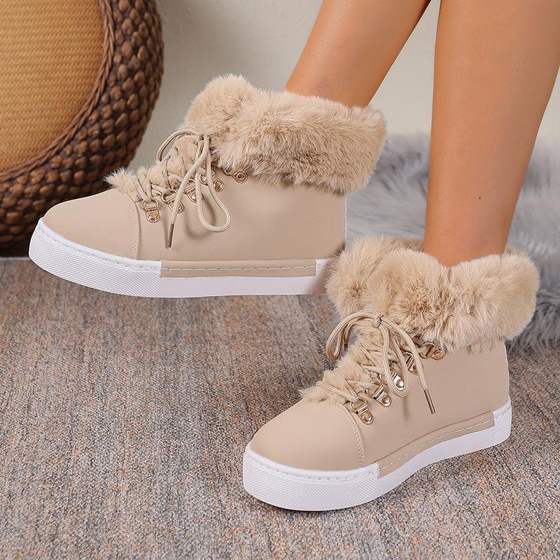 Women's Plus Size Euro-American Fleece-Lined & Warm Snow Boots – Thick Platform, Ankle-High, Lace-Up with Fur Trim, Winter New Arrival Wholesale