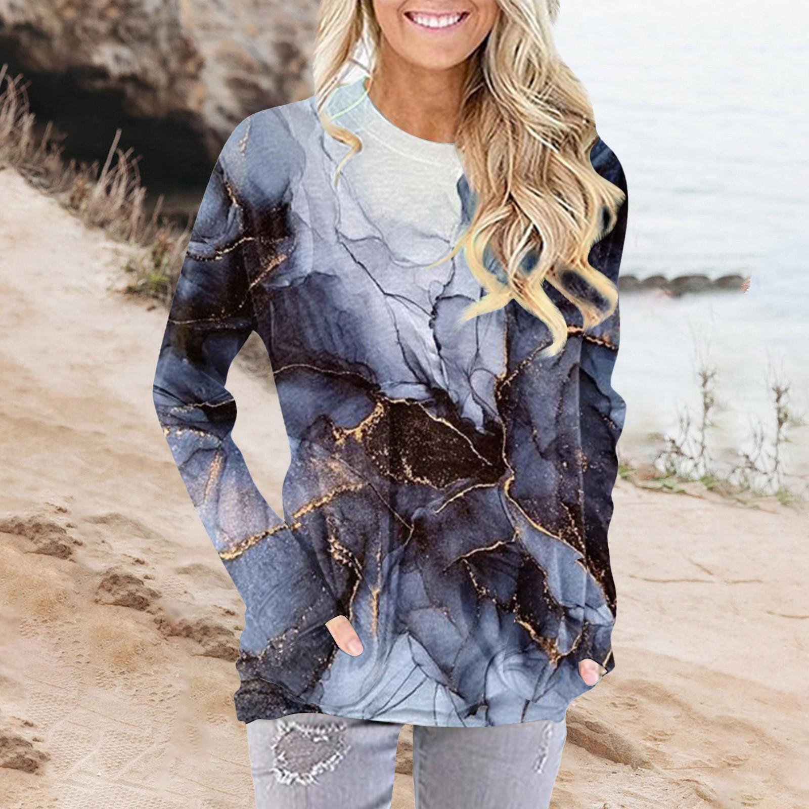 

Женская мода повседневная футболка с круглым вырезом и длинным рукавом с карманом и принтом Топ S тёмно-синий