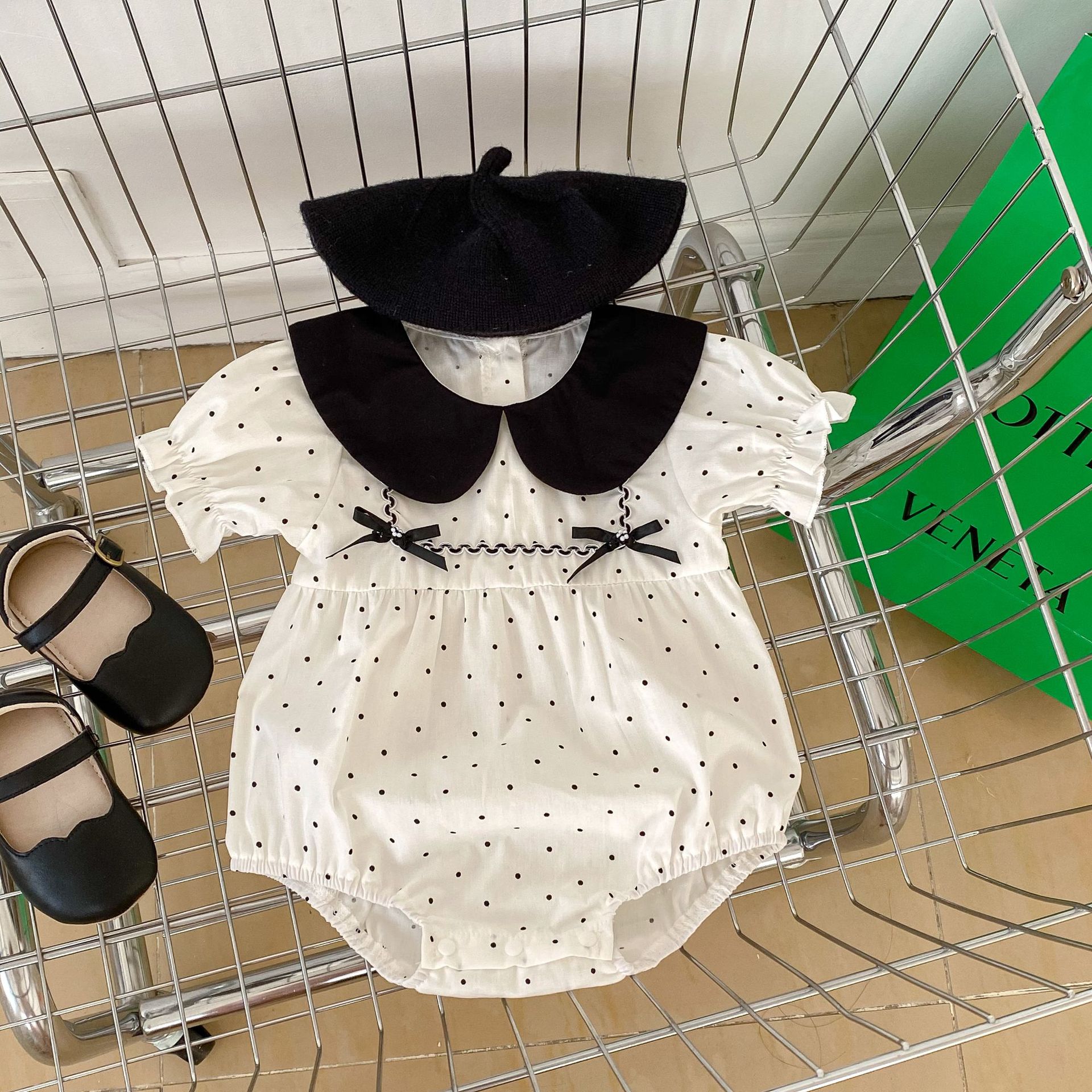 Baby Girl Summer Dotted Short Sleeve Romper with Bow and Peter Pan Collar 66