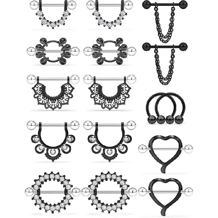 

Kridzisw 14G Кольцо для языка сосков 6 пар плоскогубцев для сосков из хирургической стали Защитное кольцо Кольцо со штангой Пирсинг Ювелирные изделия для тела CZ Круглый леди Девушка, металл 8 Double Black Tone