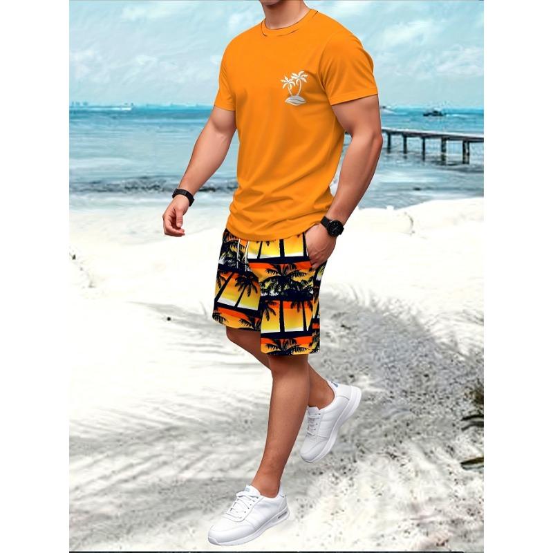 

Men s 3d 2 piece summer beachwear set, hawaiian coconut tree print, casual crew neck t-shirt and drawstring shorts XXL