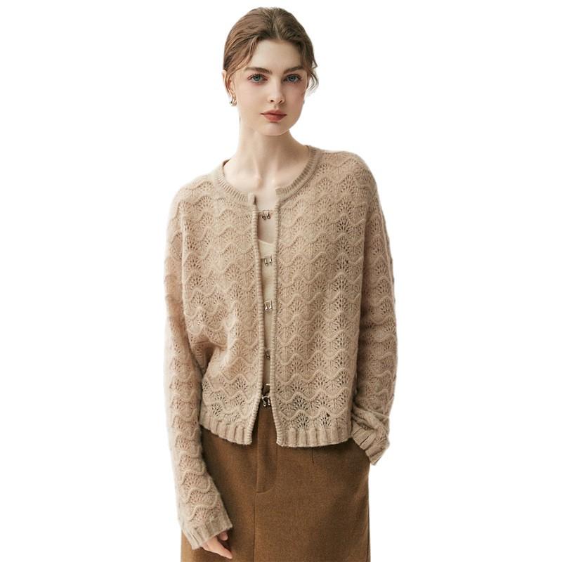 2025 A/W Women's Thick Knit Cashmere Cardigan – Hollow Round Neck Versatile Sweater