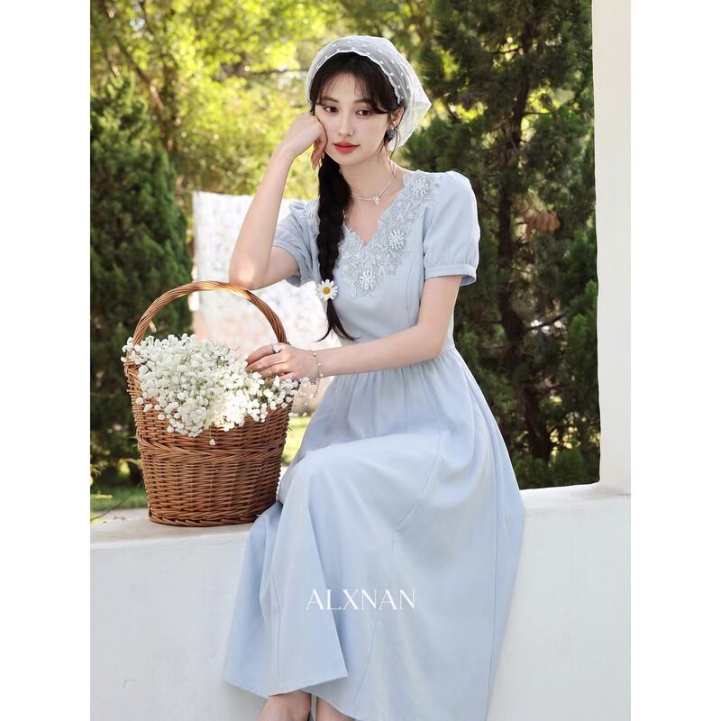 Lu Xiangnan French Style Gray Blue Summer Dress