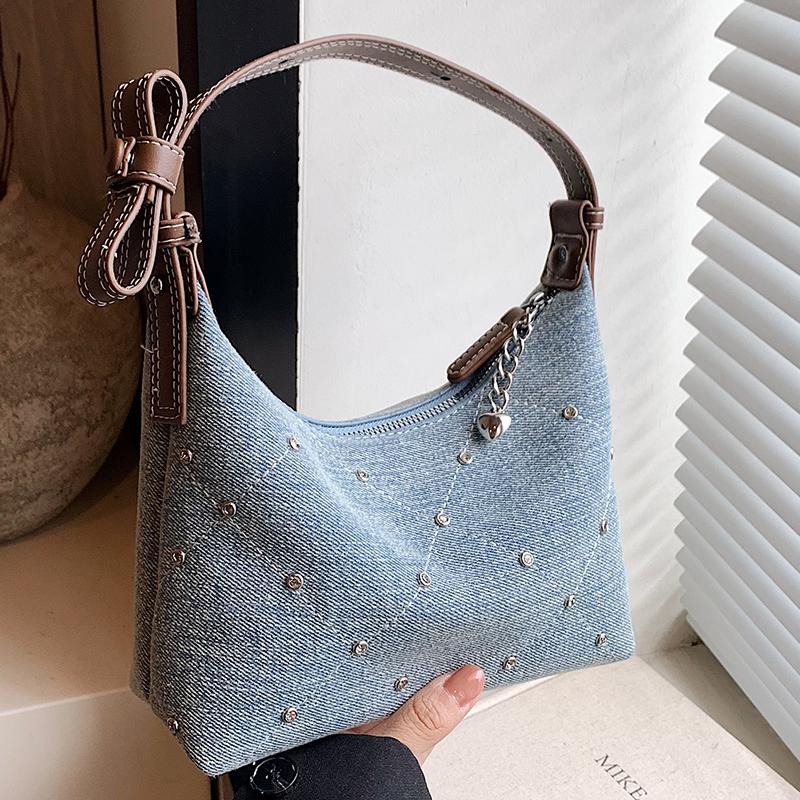 

Ретро-модные джинсовые сумки для женщин, модные нишевые сумки из синей ткани с бисером, летние женские сумки для покупок, дорожные сумки через плечо (20cm<Max Length<30cm)