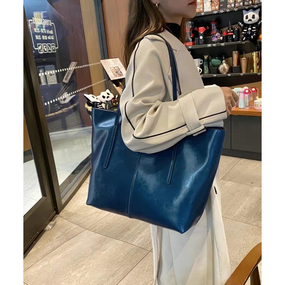 New Leather Women's Bag Fashionable Retro Oil Wax Leather Textured Shoulder Bag Daily Commuting Large-capacity Computer Tote Bag