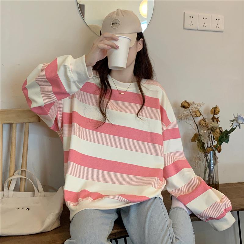 Women's Striped Contrast Color Long-Sleeve T-Shirt, Round Neck, Trendy Autumn/Winter Style for Female Students