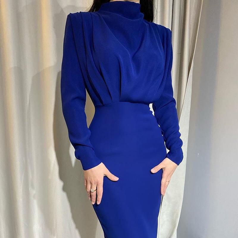 Women's Fashion Autumn Waist Solid Color Long Sleeved Dress