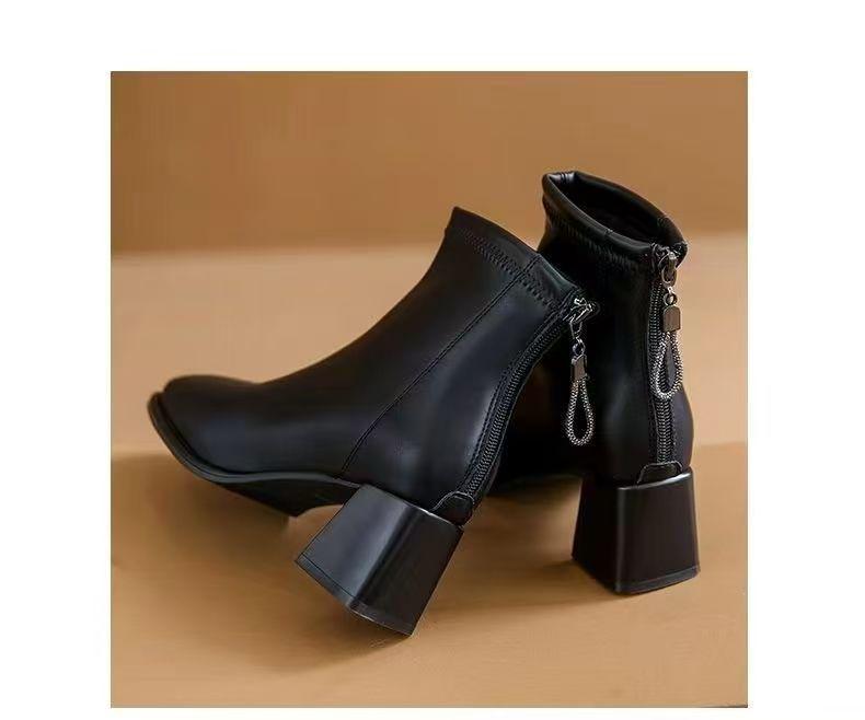 Women's French Soft Leather Ankle Boots, Velvet-Lined, Chunky Heel, Slim Fit, 2025 Autumn/Winter Collection