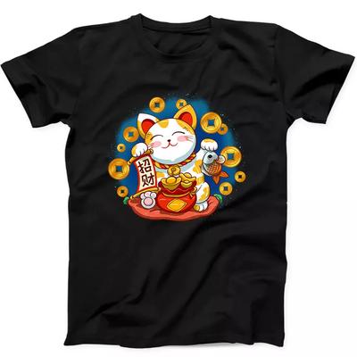 Maneki Neko Faccina Sorridente Gatto Portafortuna Regalo Divertente Maglietta T-shirt Nera 49