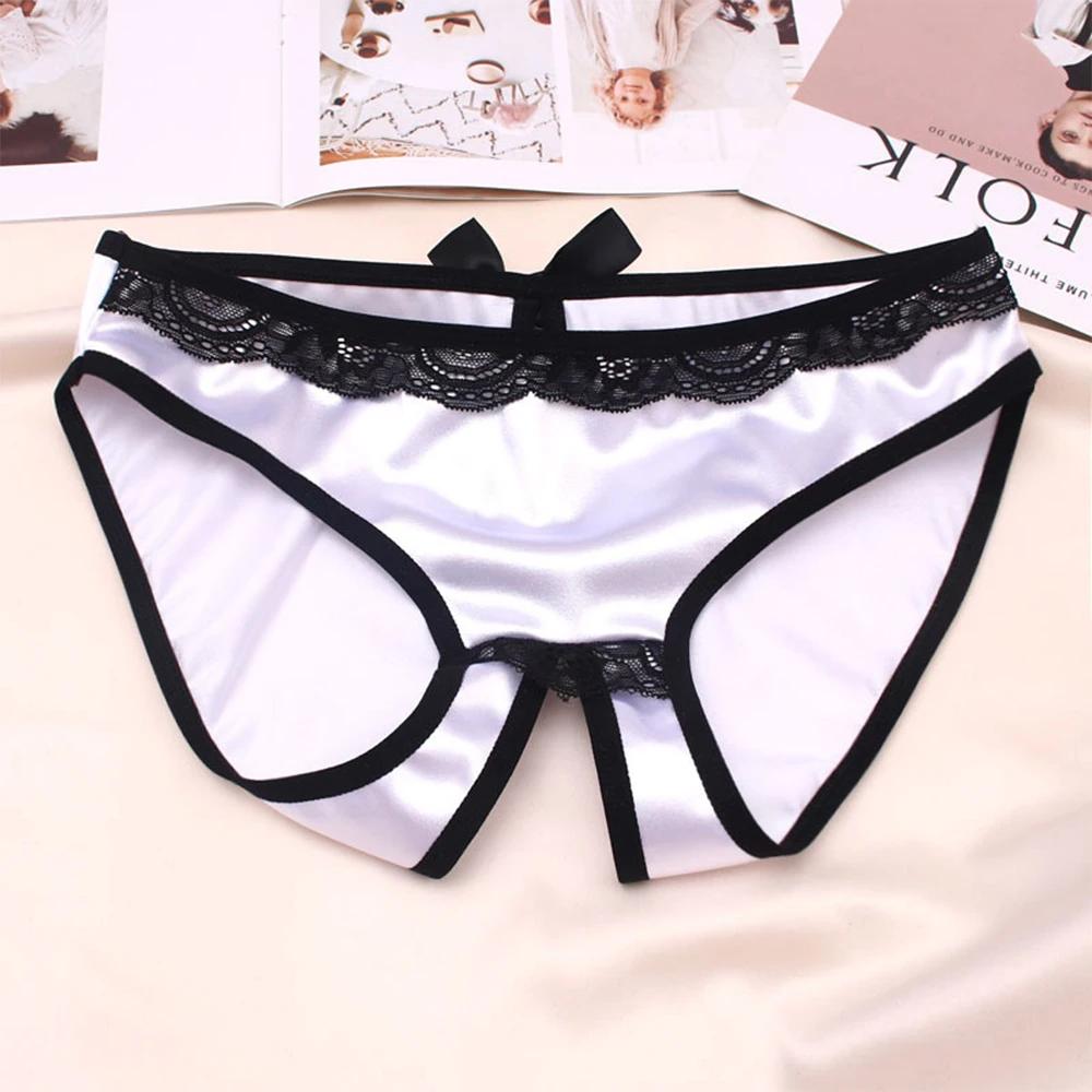 Women Sexy Open Crotch Panties High Quality Luxury Underwear Fashion Bow Silk Satin Underpants Comfortable Crotchless Briefs