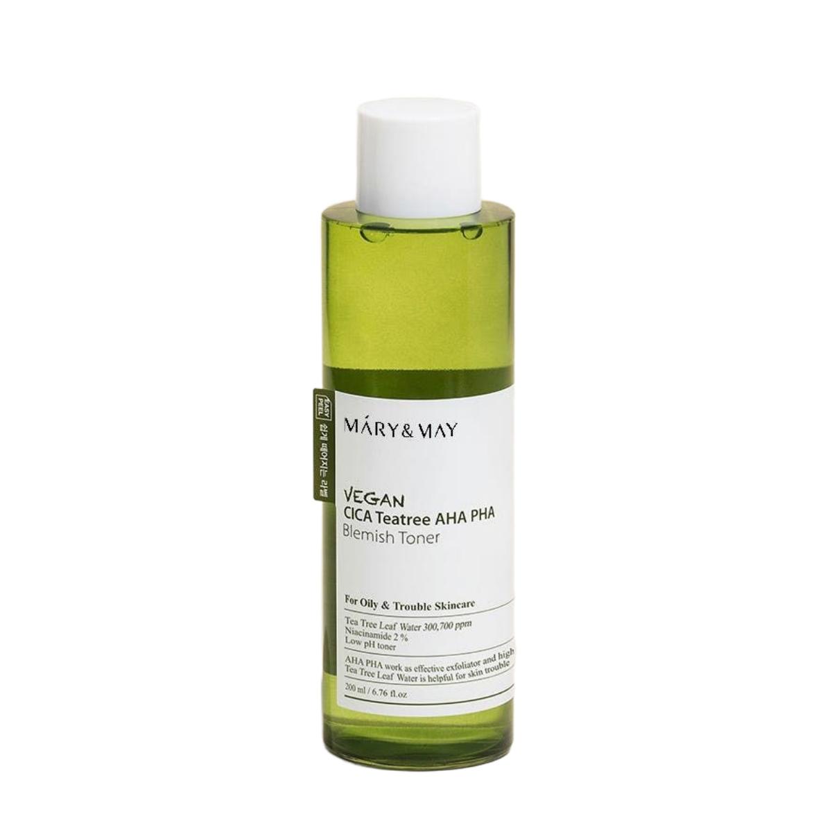 Mary&May Vegan Cica Tea Tree AHA PHA Blemish Toner 200ml (Exfoliating Sebum Control Facial Liquid, Calming Skin Refining Toner)