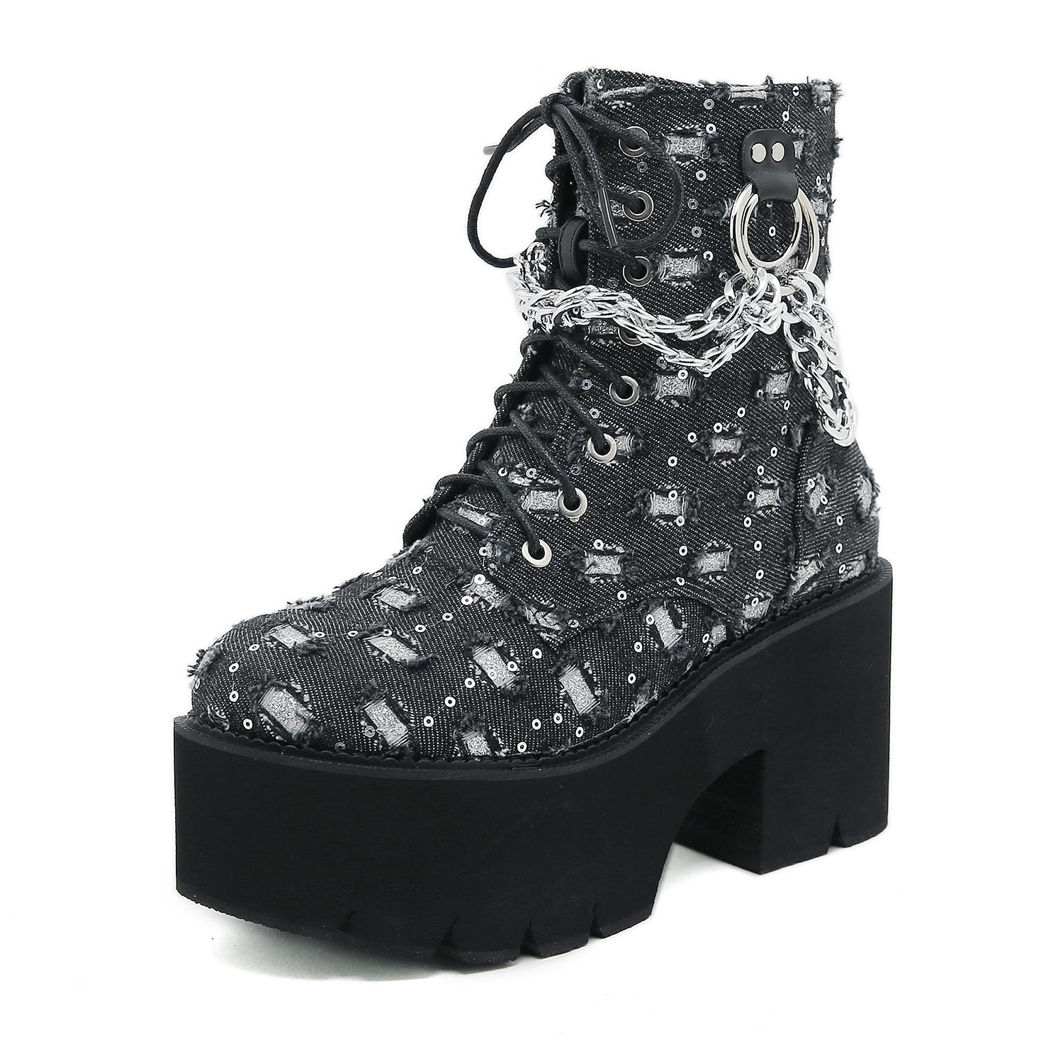 

Женские туфли в черную клетку на цепочке, на толстой подошве, водонепроницаемые, женские туфли нового стиля, толстые короткие ботильоны на высоком каблуке 43 темно-серого