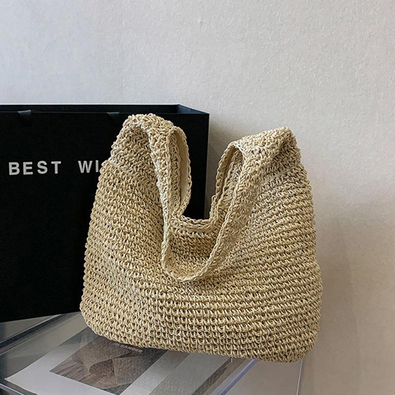 Yogodlns New Grass Women Travel Beach Bags Single Handle Shoulder Bags Grass Large Capacity Tote Bag Hand Woven Bag for Women