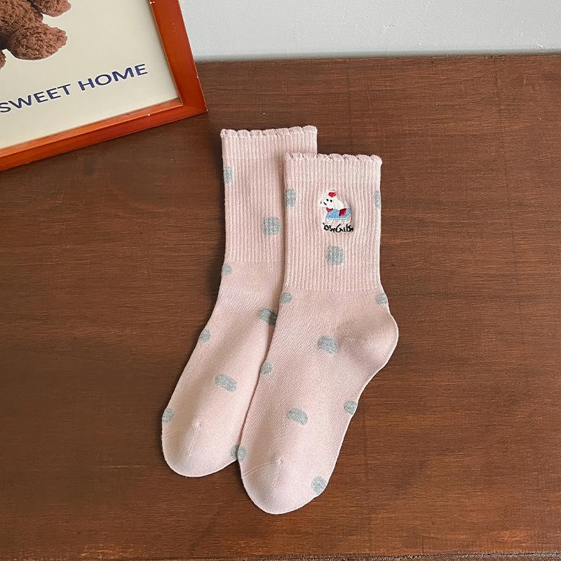 Female Spring and Autumn Lovely Polka Dot Lovely Embroidered Cartoon Dog In Tube Cotton Socks