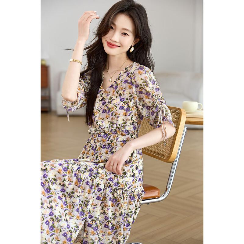 Sanpowa Floral V-Neck Puff Sleeve Beach Dress L