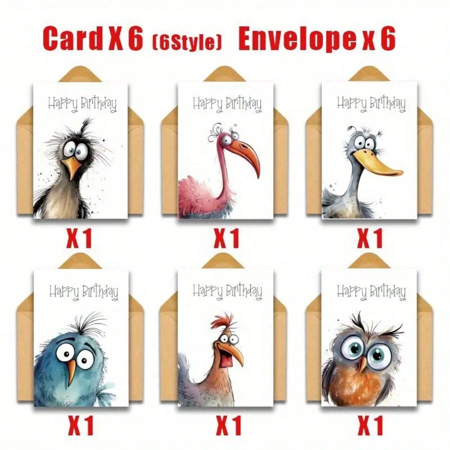 12pc Funny Watercolor Bird Expression Handwritten Greeting Cards, 6 Greeting Cards + 6 Envelopes, Birthday Blessing Blank Cards,