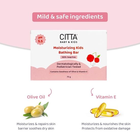 CITTA Moisturizing Kids Bathing Bar for Sensitive Skin | Kids Bathing Bar| pH Balanced | Enriched With Olive Oil & Vitamin E | 75 Gm | Pack of 4