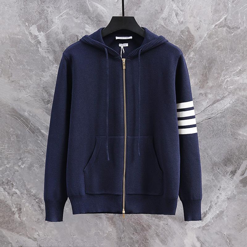 2024 Autumn/Winter Unisex Hooded Knit Cardigan with Double Zipper and Four-Bar Stripe In Academy Style