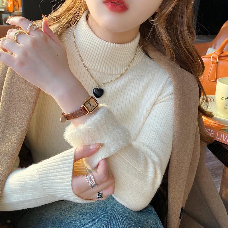 

Женский свитер с высоким воротником Зимний Ретро Красный с бархатной подкладкой Утепленный Внутренний слой Термальная Вязка Базовая рубашка One Size бежевый