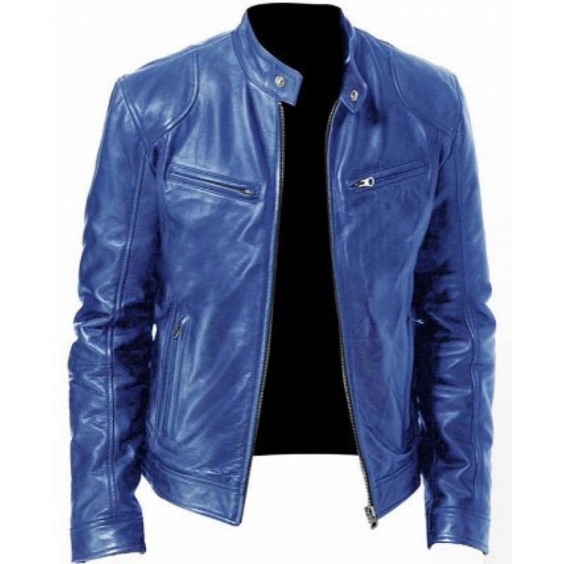 Herren Südliche Winter Multi-Pocket PU-Leder Motorradjacke mit Stehkragen und Knopf-Reißverschluss