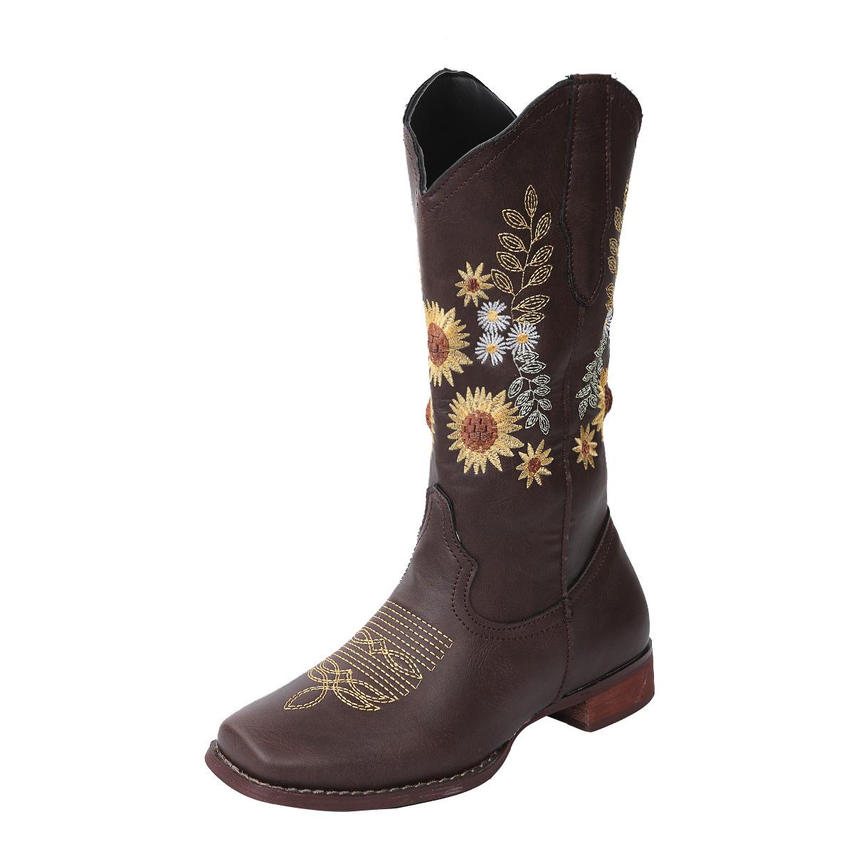 Autumn 2021 Embroidered Floral Women s Leather Boots 35 коричневый