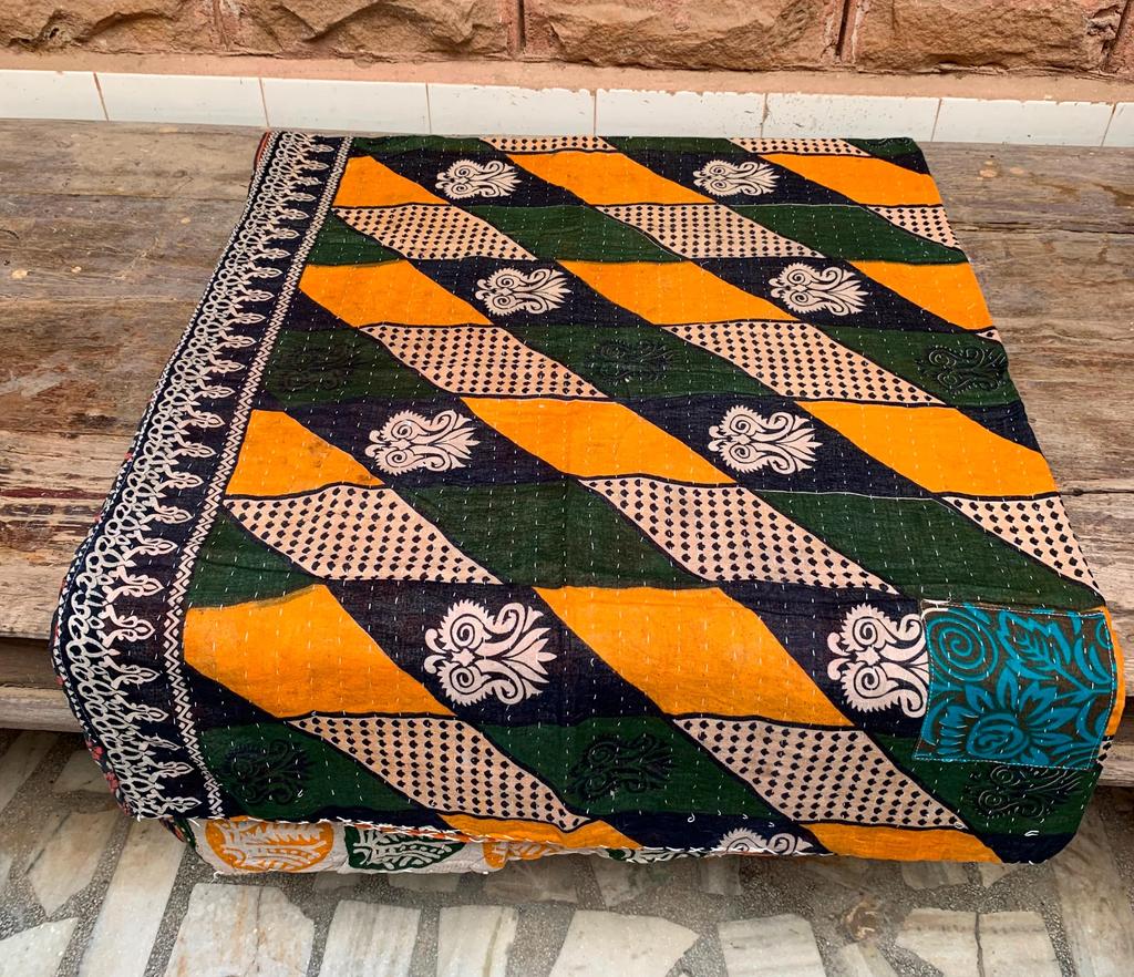 Vintage Kantha Quilt: Handmade Indian Patchwork Throw Blanket, Colorful Ethnic Throw