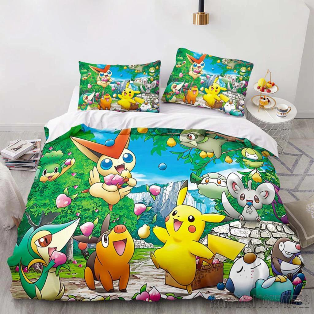 Anime Pokemon Pikachu Bedding Set Quilt Duvet Cover Comforter Bedclothes Twin Single King Kids Adult Gift