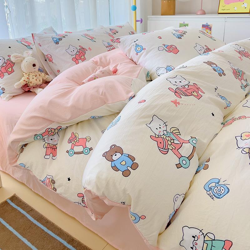 Small Fresh Mattress Quilt Cover Class A Maternal And Infant Grade Cartoon Dormitory Bed Sheet Three-Piece Set Super Soft Washed Cotton 4Pcs Set