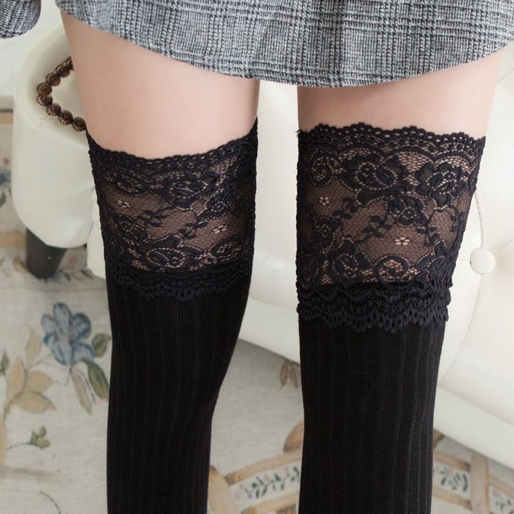 Japanese Lace Trim Vertical Stripe Over-the-Knee Anti-Slip Socks