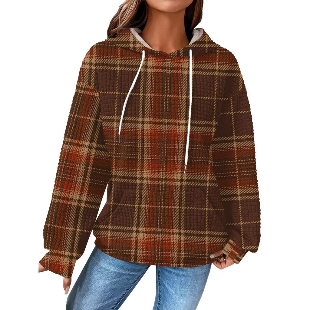 Damenmode Lockerer Kapuzenpullover Langarm Kariertes Sweatshirt mit Kordelzug Überschnittene Schultern und Tasche Print Top