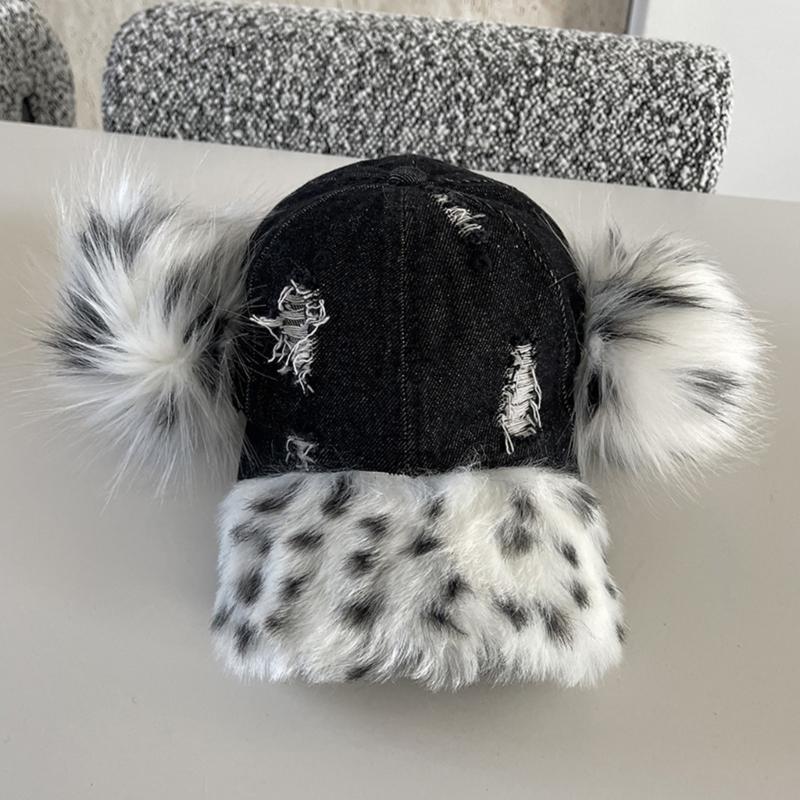 Fashionable Baseball Caps Unique Pompoms Furry Brim Dotted Pattern for Idol Concert Shows Stage Dance Headwear