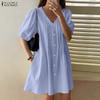 ZANZEA Women Casual V-Neck Loose Summer Half Sleeve Dress