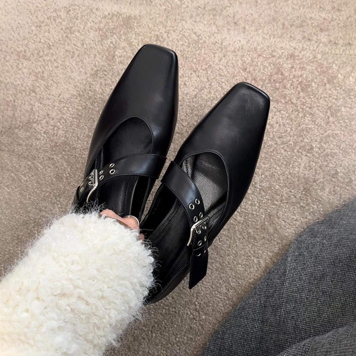 

Версия из овчины~ Персонализированные черные ретро маленькие кожаные туфли женские с внутренней платформой, туфли Мэри Джейн с квадратным носком и ремешком на одной пряжке, легкие м 39