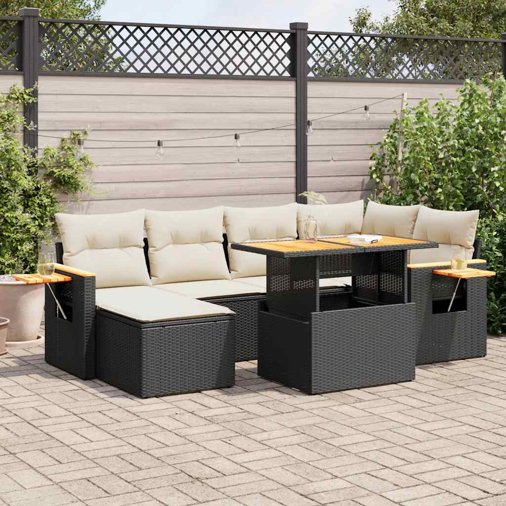 Vidaxl 7-Cz. Furniture Set With Cushions, Black, Poly Rattan And Acacia