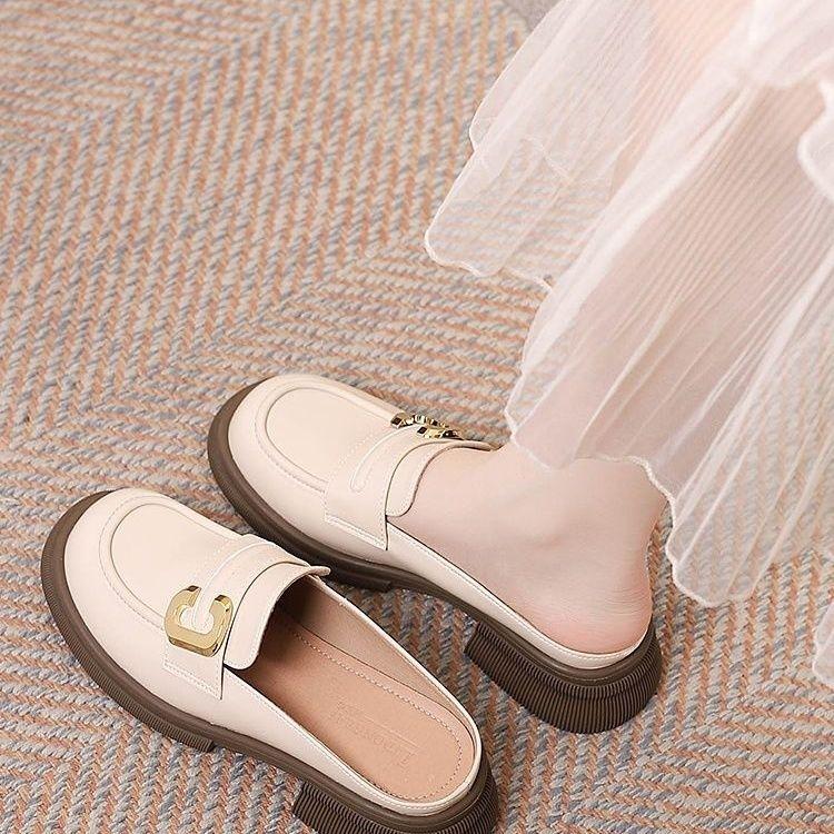 Leather Bag Head Half Slippers Women's 2025 New Versatile Casual Lazy One-pedal Doudou Shoes Thick Heel Half Shoes Women