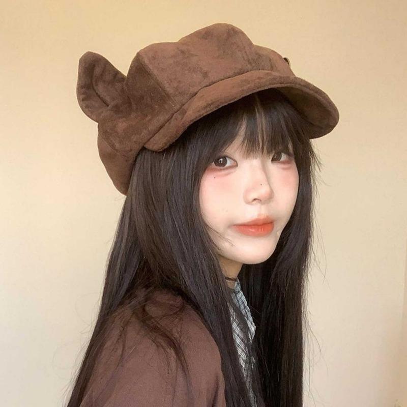 Women S Japanese Style Solid Color Cat Ear Suede Octagonal Hat Outdoor Casual