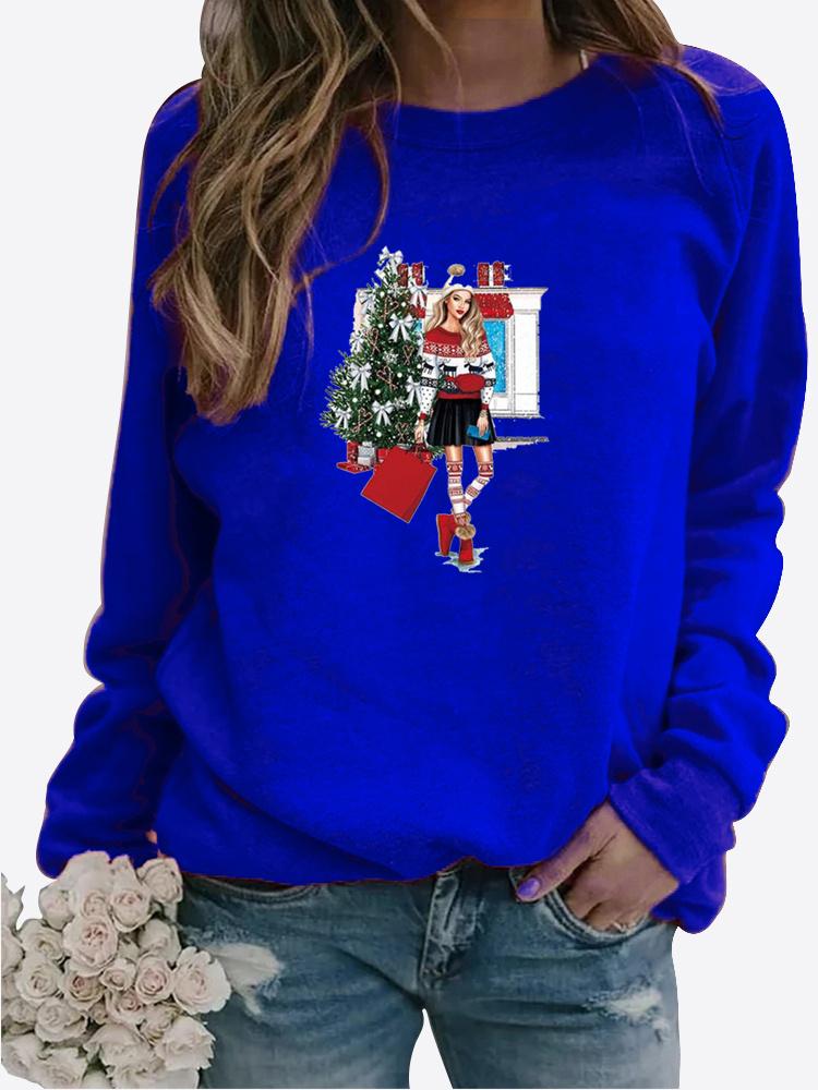Autumn and Winter Women's Christmas Theme Printing Sweater Round Neck Long Sleeve Casual Sweatshirt Plus Size Top