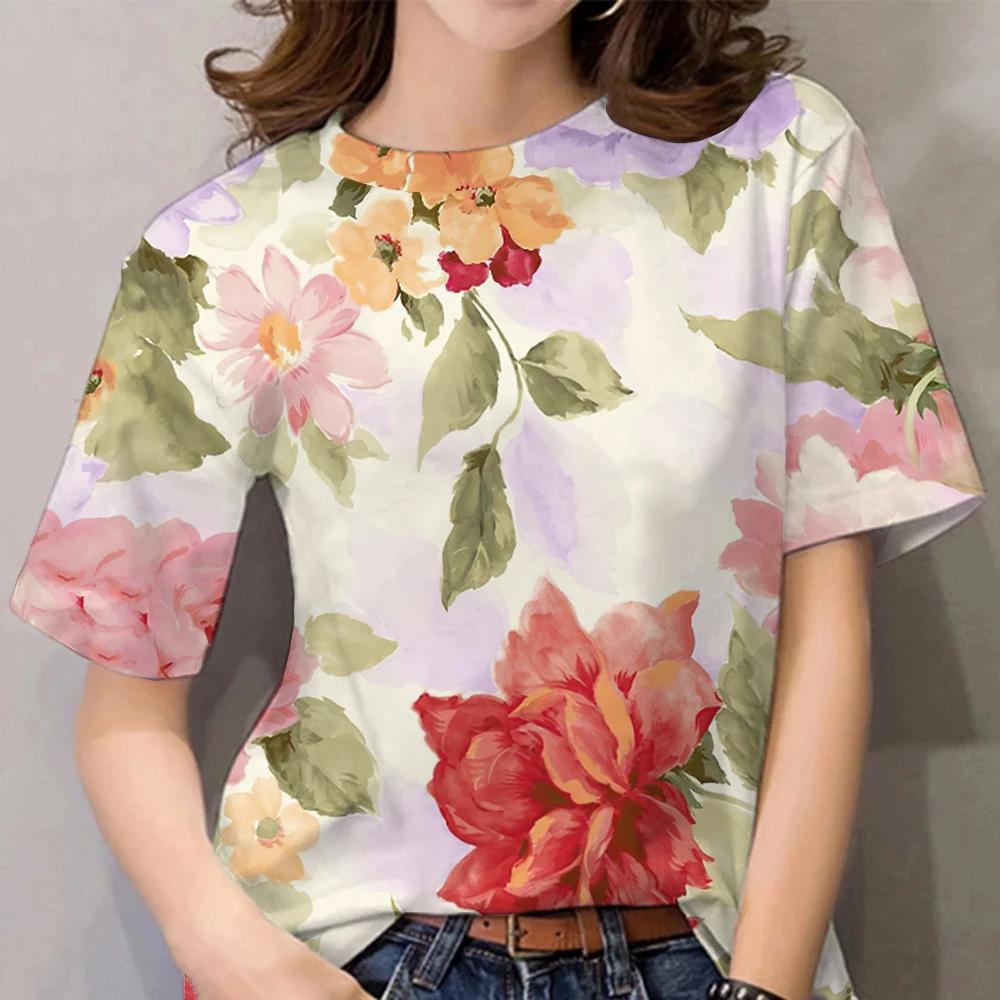 Summer Women Fashion T-shirt 3D Colorful Floral Printing Tops Tees Female Casual Short Sleeve Clothing Ladies Stylish Streetwear
