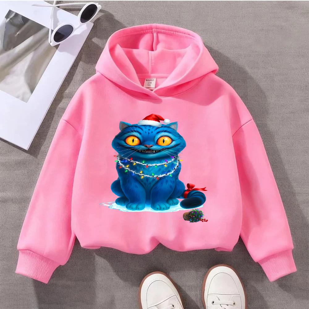 2025 New KPOP Christmas Blue Cat Printed Children's Sports Shirt Cute Children's Festival Hoodie